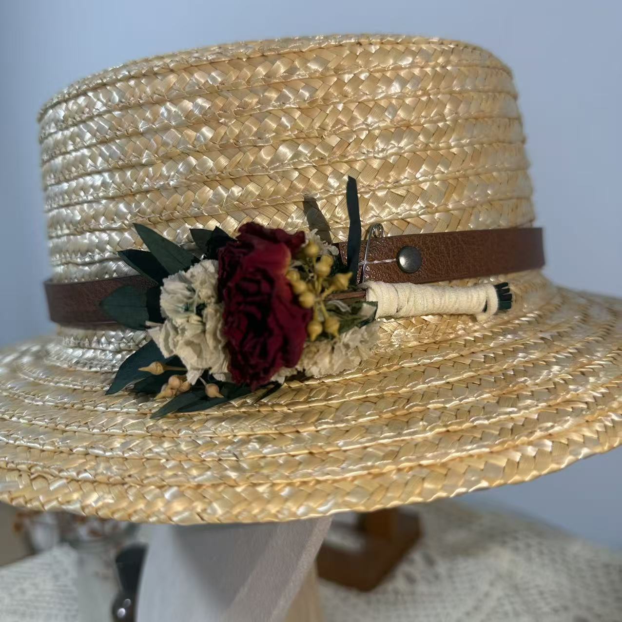 Handmade Smart Straw Hat with NFC Chip and Mini Dried Flower Bouquet | Boater Style Summer Hat