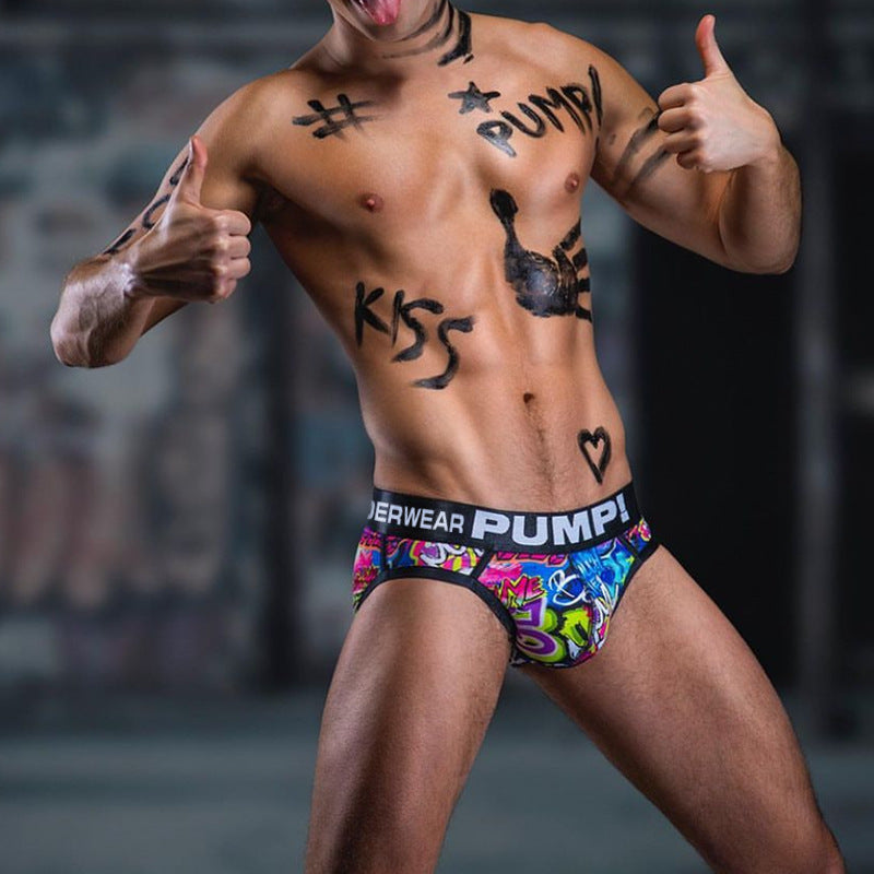 PUMP sexy graffiti print low rise briefs convex pouch bag sex pants briefs men's MP223