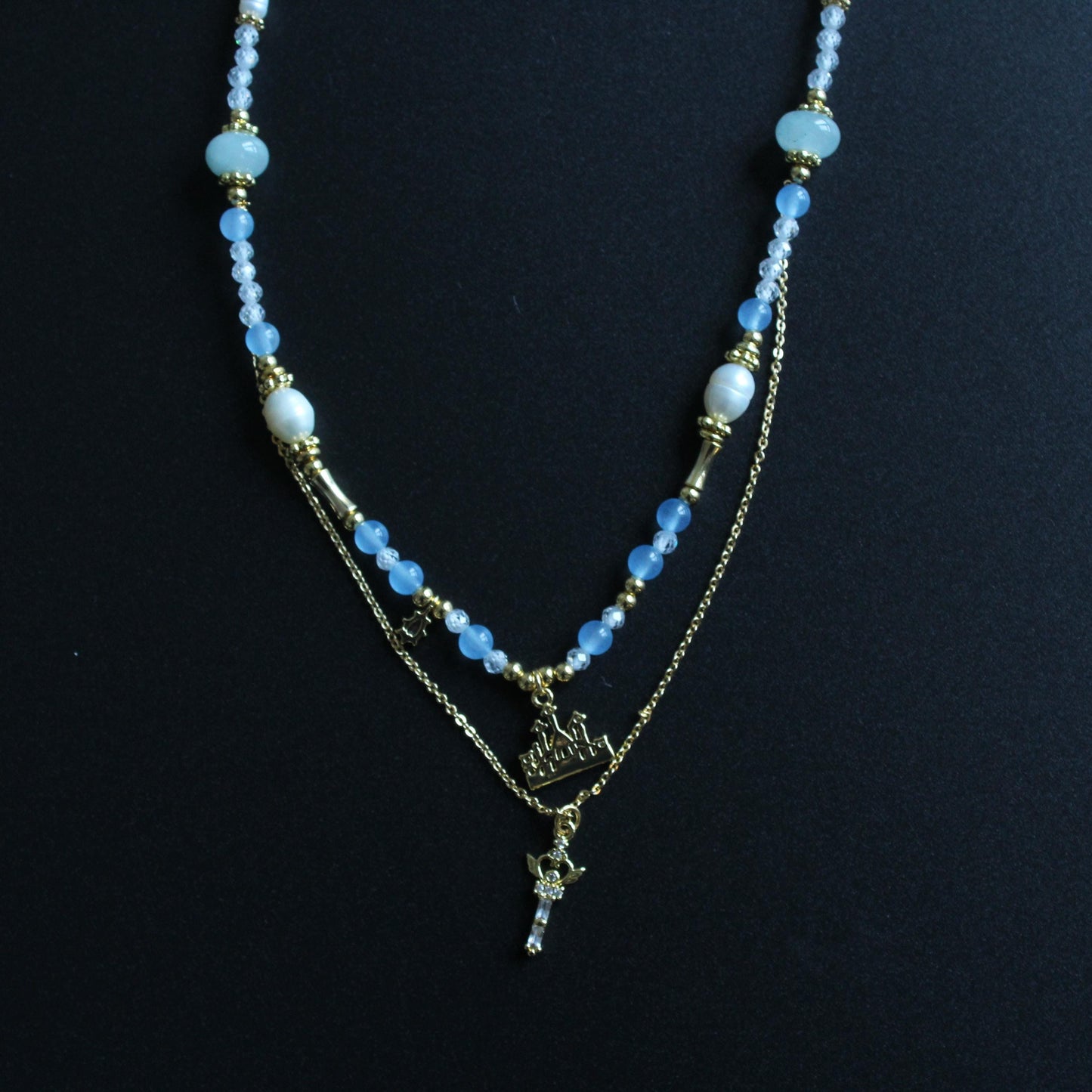 Fairy Tale Necklace,Freshwater Pearl Zircon Jewelry,Gold Layered Necklace,Castle & Key Pendant,Princesscore Aesthetic Gift