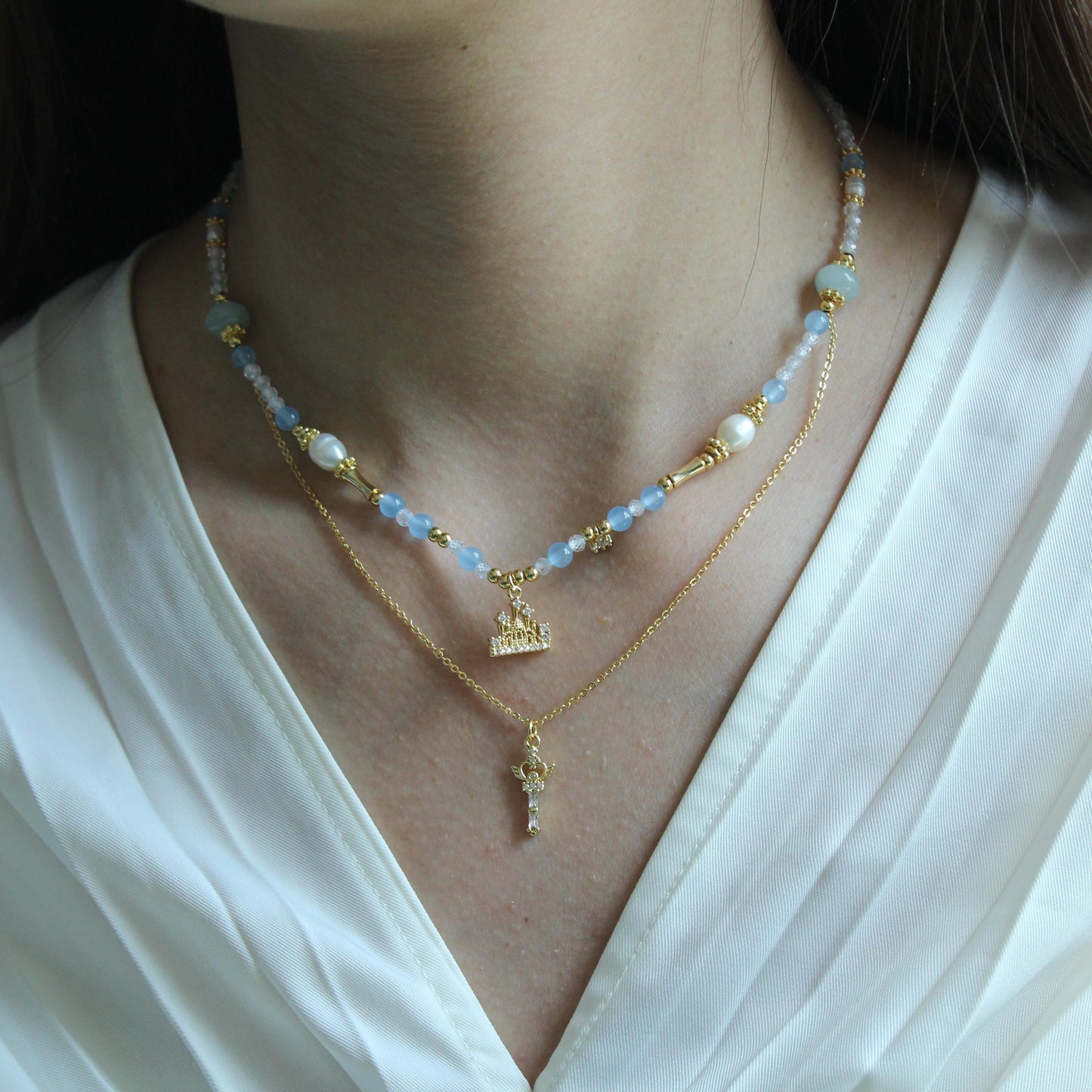 Fairy Tale Necklace,Freshwater Pearl Zircon Jewelry,Gold Layered Necklace,Castle & Key Pendant,Princesscore Aesthetic Gift