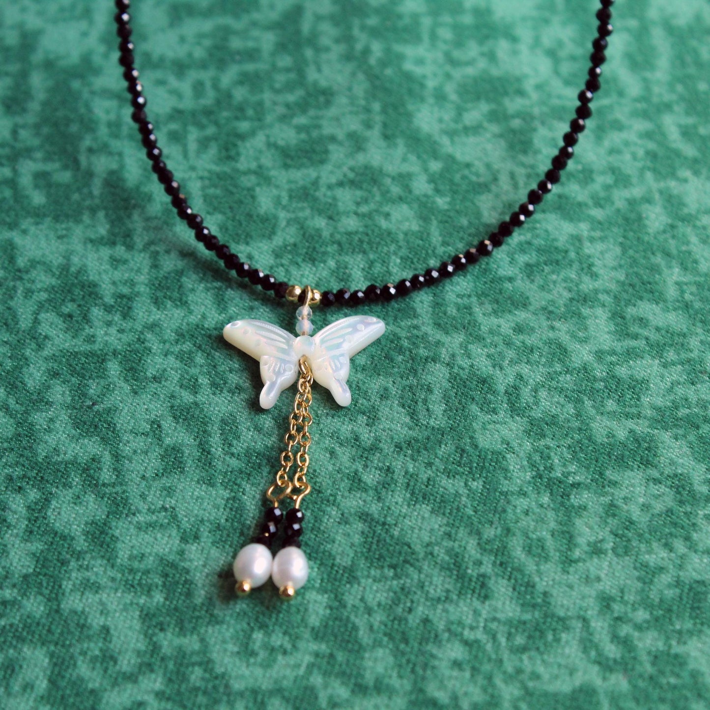 Black Spinel & White butterfly shell stone,Natural Stone Crystal beaded Gemstone Birthstone Gift, Minimalist Choker Crystal Gift