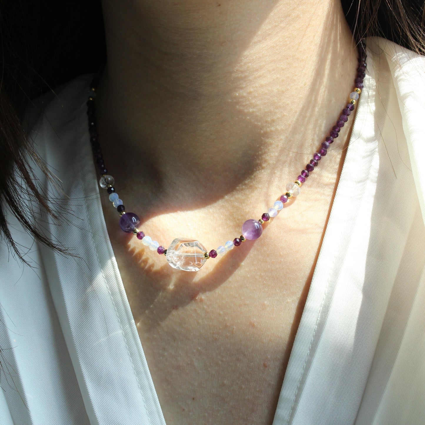 White Crystal Purple Crystal Necklace|Natural Crystal Healing Jewelry|February Birthstone Gift|Layered Gemstone Necklace|Gift for Her