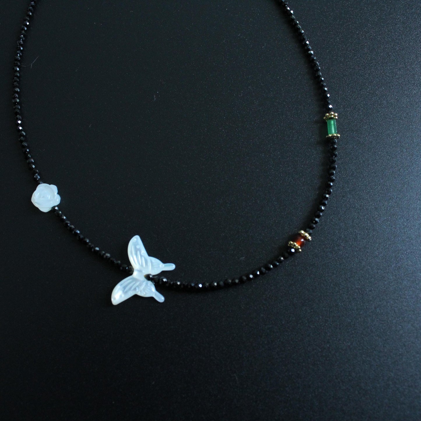 White Butterfly Shell Necklace with Black Fine Crystal, Natural Gemstone Jewelry, Choker, Beaded Necklace