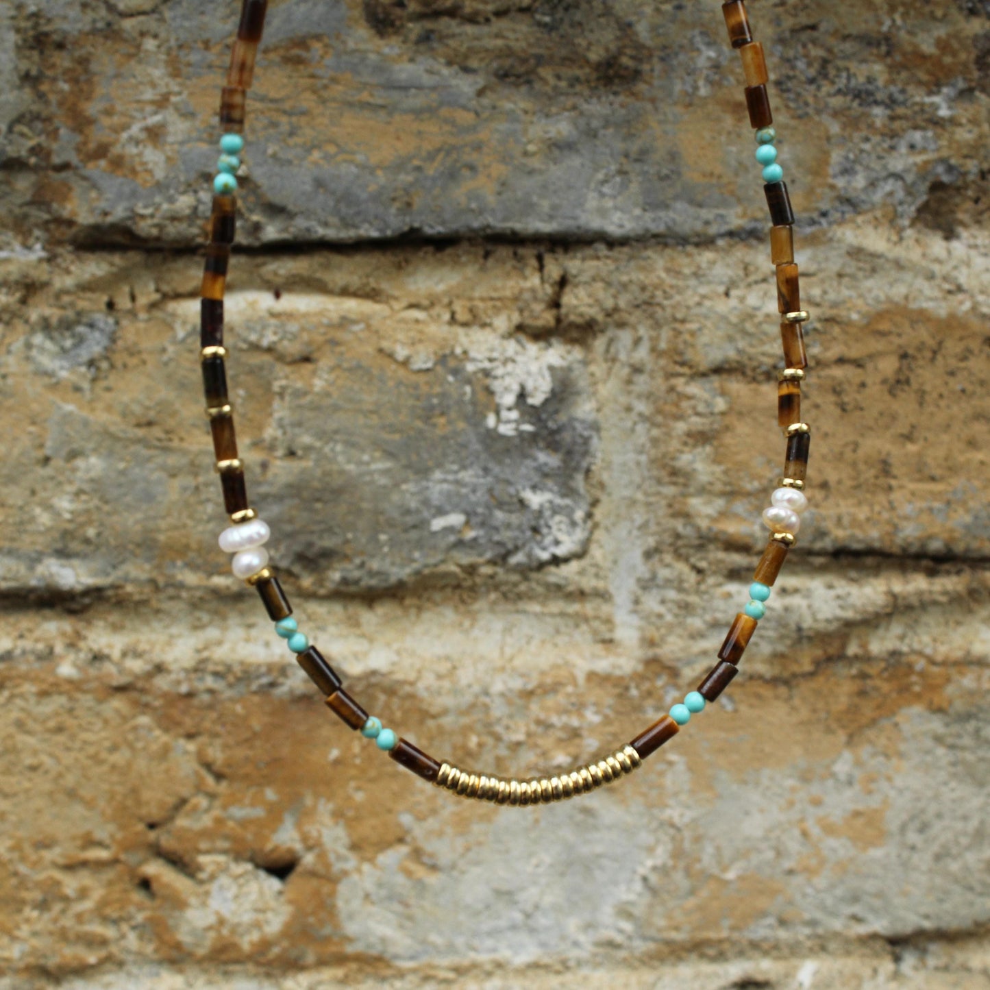 Tiger Eye, Pearl and Turquoise Beaded Necklace | Boho Minimalist Gemstone Choker | Handmade Natural Crystal Jewelry | Gift for Her