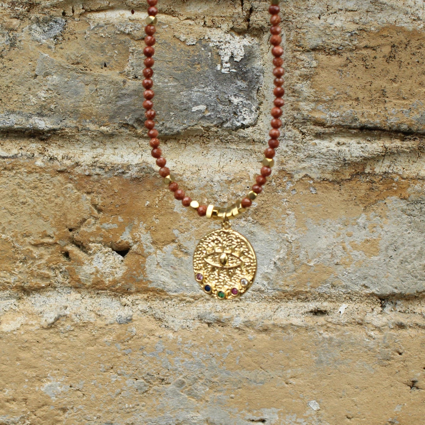 Goldstone Necklace with Evil Eye Pendant | Boho Healing Crystal Jewelry | Gold Beaded Choker | Handmade Protection Amulet for Her