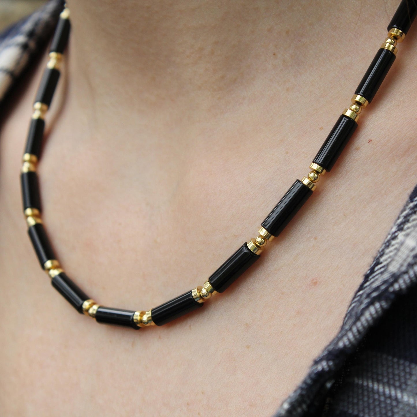 Black Agate Beaded Necklace | Minimalist Gold Bead Choker | Natural Stone Jewelry for Protection | Dainty Healing Crystal Necklace