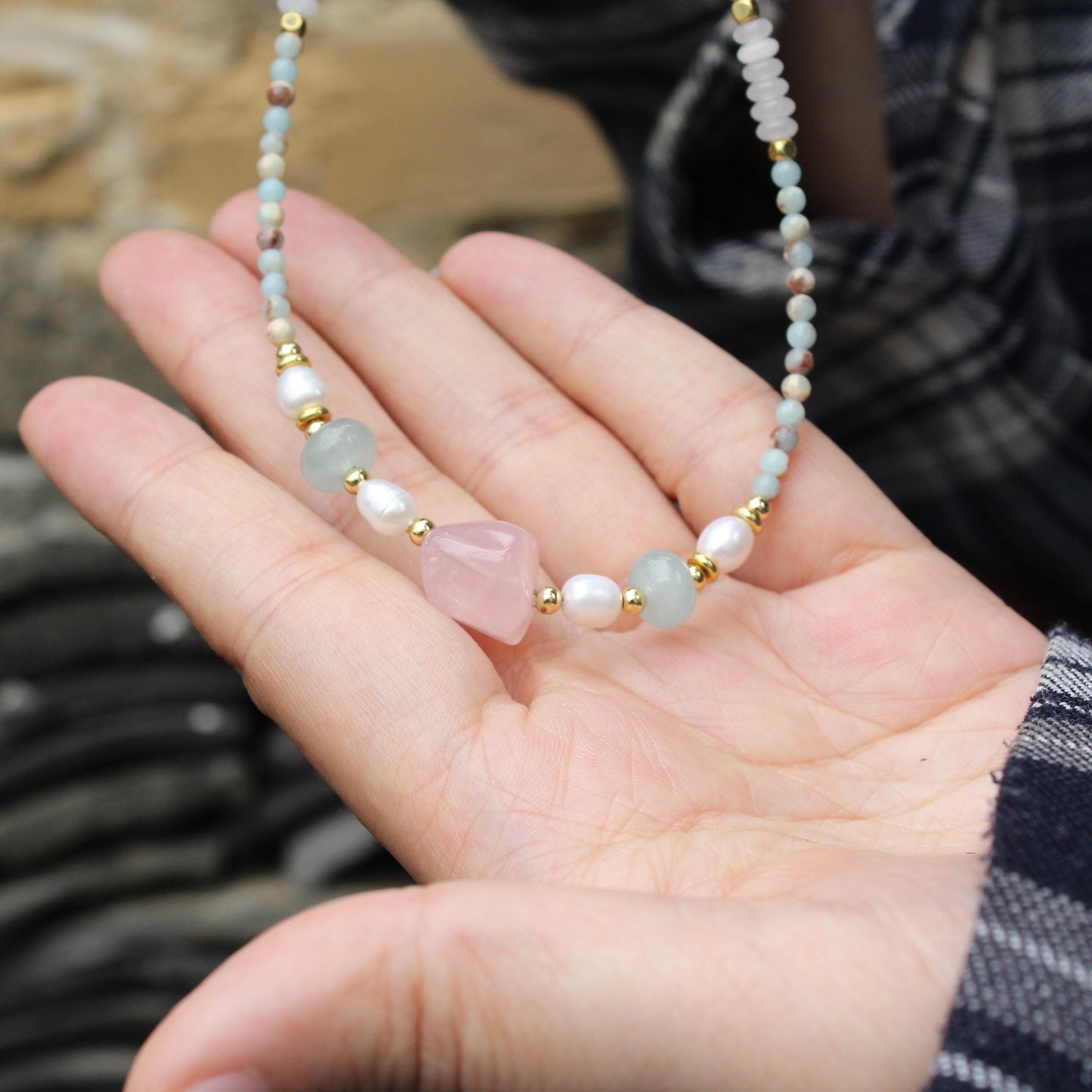 Shoushan Stone Necklace with Large Rose Quartz, White Jade & Freshwater Pearl | Healing Crystal Jewelry | Oriental Gemstone Gift