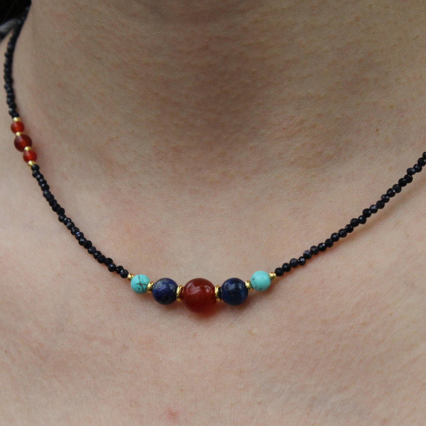 Boho Gemstone Beaded Necklace Carnelian, Turquoise & Lapis Lazuli Beads, Black Seed Bead Necklace, Handmade Healing Jewelry Gift