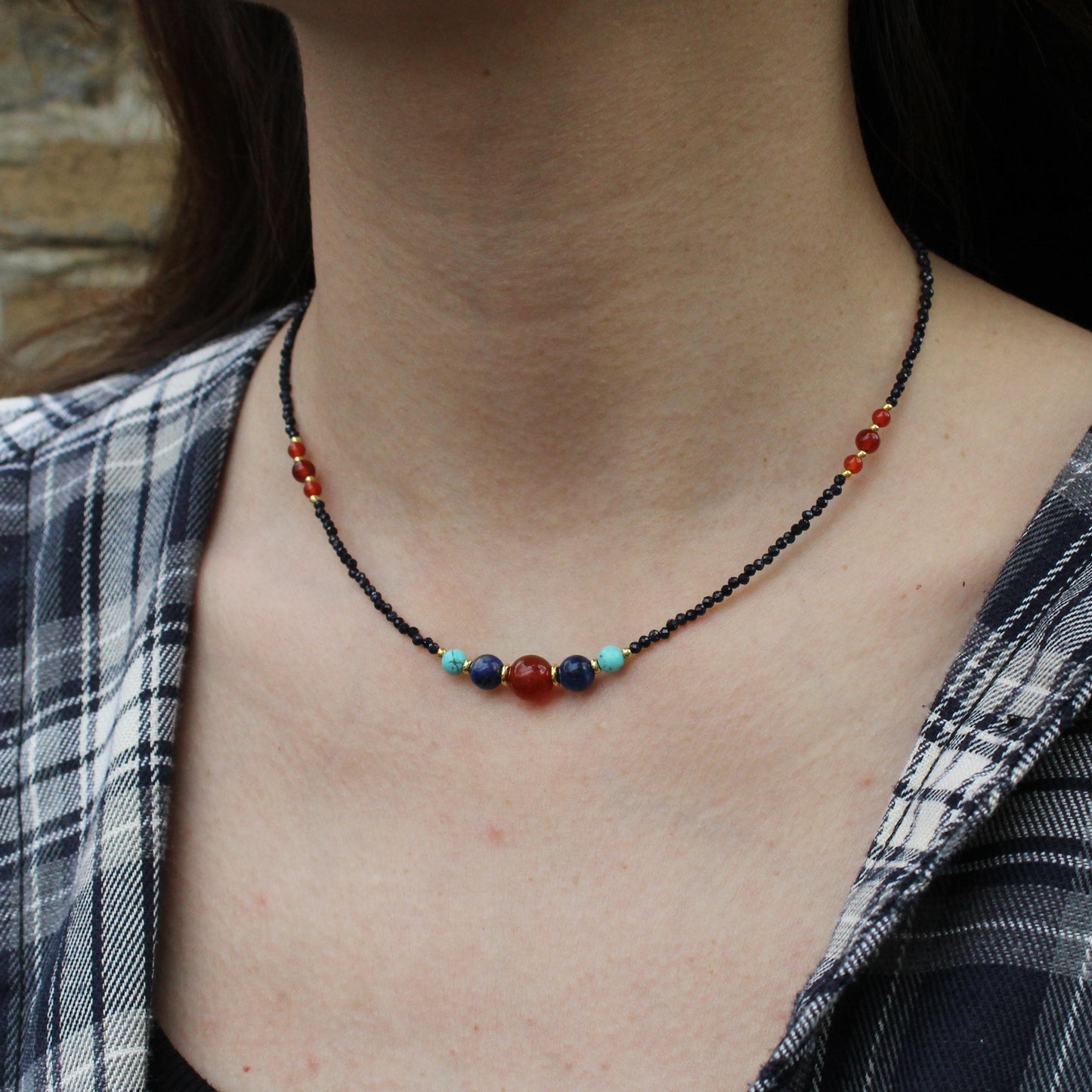 Boho Gemstone Beaded Necklace Carnelian, Turquoise & Lapis Lazuli Beads, Black Seed Bead Necklace, Handmade Healing Jewelry Gift