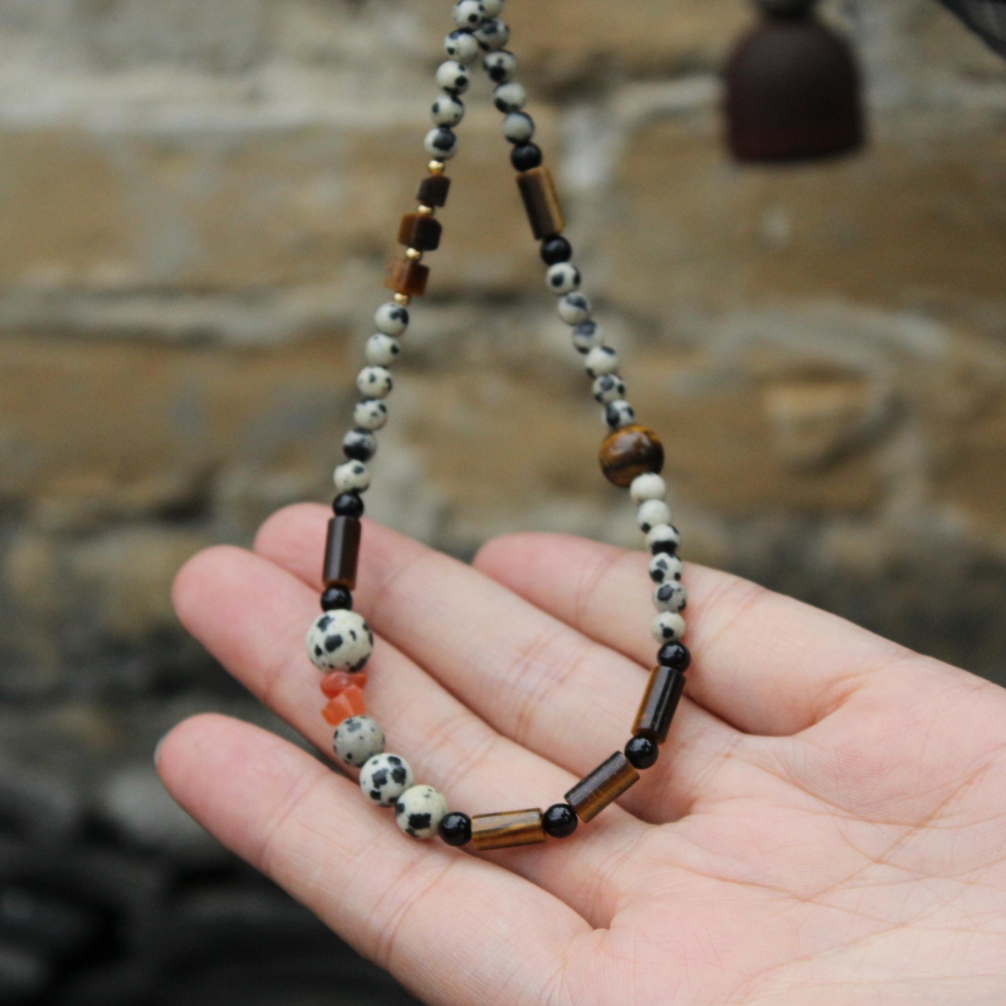 Dalmatian Jasper Tiger Eye Necklace | Raw Gemstone Bead Choker | Handmade Tribal Boho Natural Stone Necklace | Gift for Him or Her