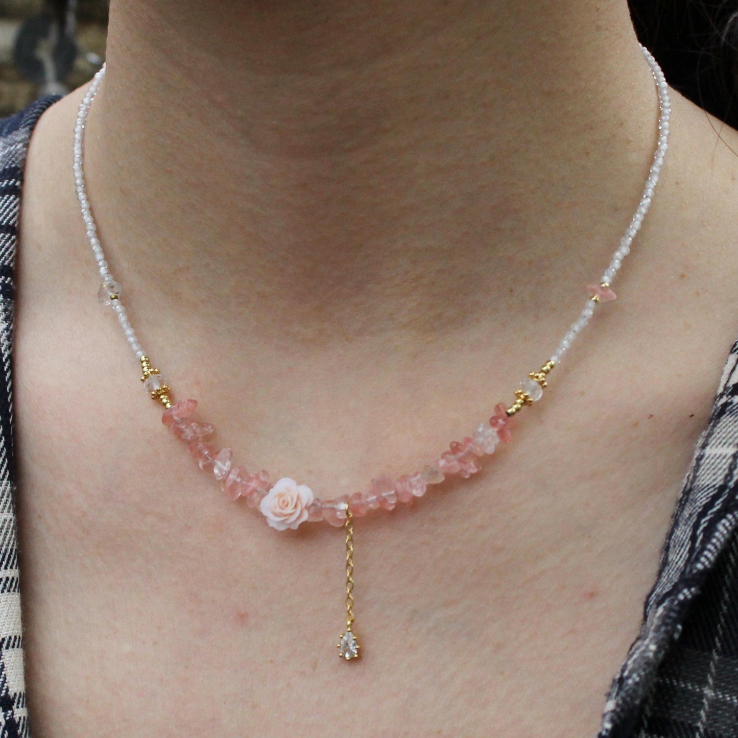 Rose Quartz Chip Necklace with Flower Pendant | Romantic Fairycore Jewelry | Handmade Boho Crystal Choker | Gift for Her | Sweet Style