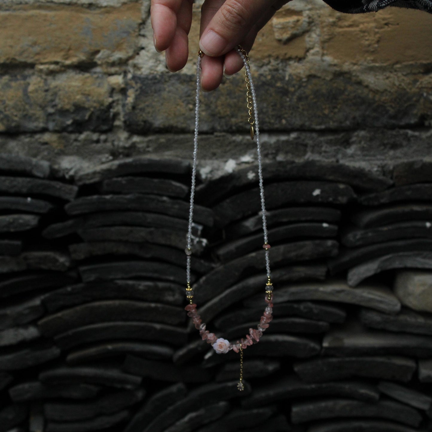 Rose Quartz Chip Necklace with Flower Pendant | Romantic Fairycore Jewelry | Handmade Boho Crystal Choker | Gift for Her | Sweet Style