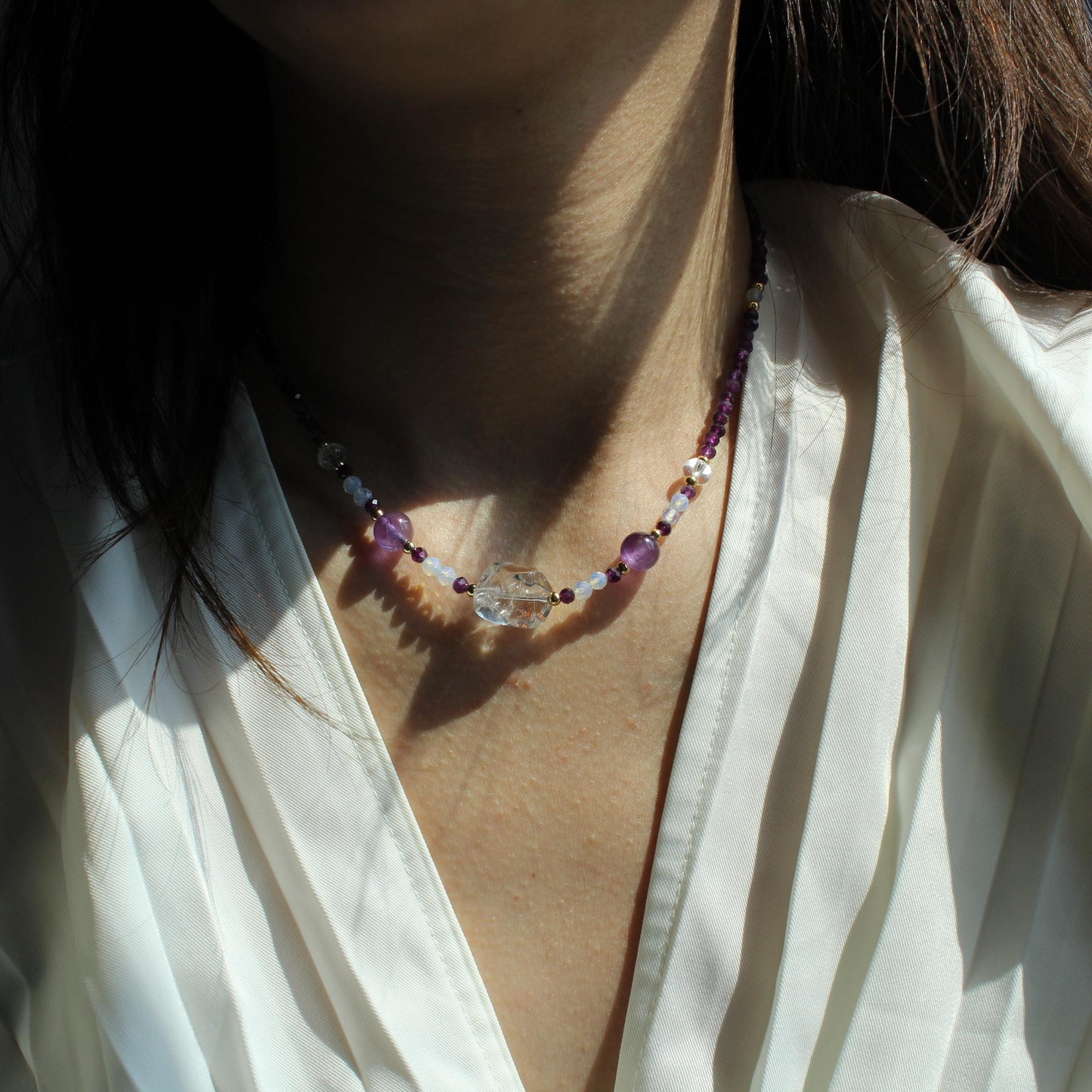 White Crystal Purple Crystal Necklace|Natural Crystal Healing Jewelry|February Birthstone Gift|Layered Gemstone Necklace|Gift for Her