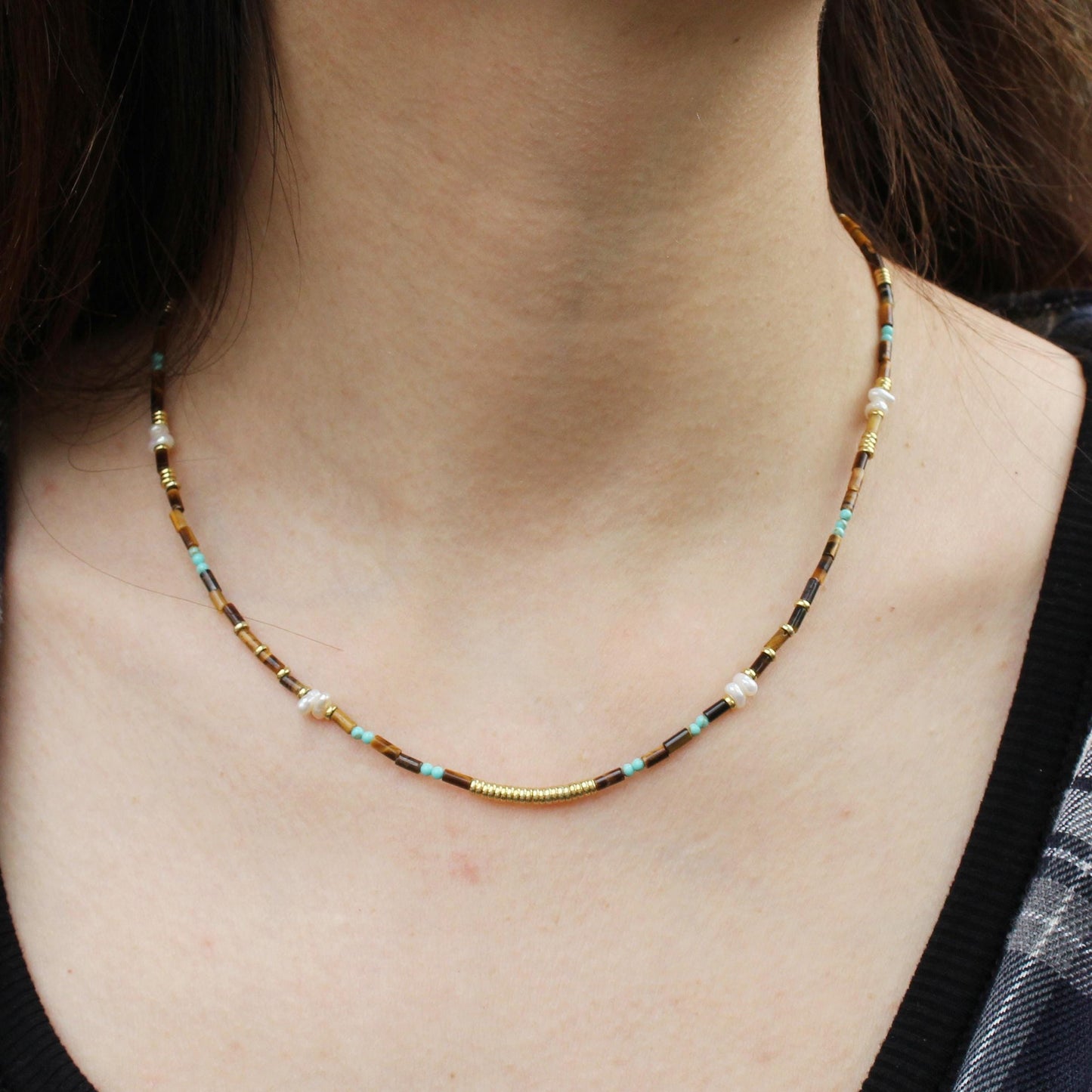 Tiger Eye, Pearl and Turquoise Beaded Necklace | Boho Minimalist Gemstone Choker | Handmade Natural Crystal Jewelry | Gift for Her