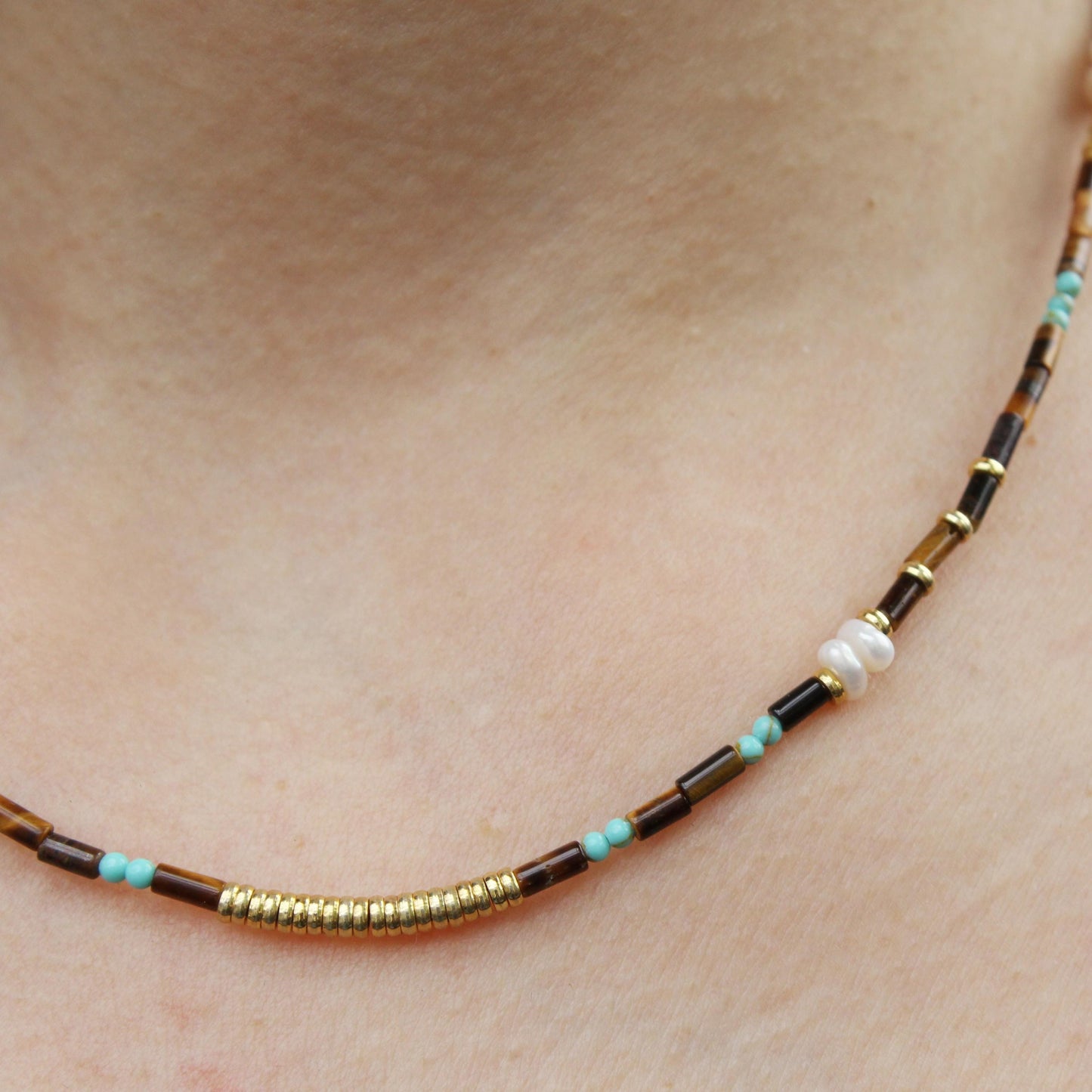 Tiger Eye, Pearl and Turquoise Beaded Necklace | Boho Minimalist Gemstone Choker | Handmade Natural Crystal Jewelry | Gift for Her