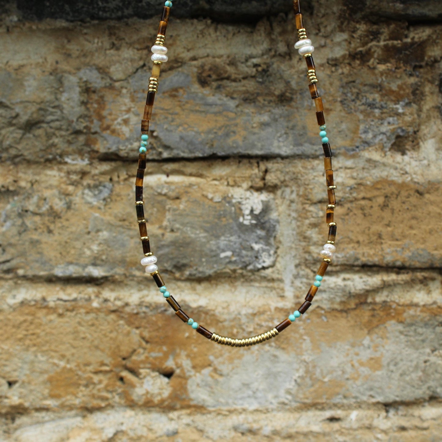 Tiger Eye, Pearl and Turquoise Beaded Necklace | Boho Minimalist Gemstone Choker | Handmade Natural Crystal Jewelry | Gift for Her