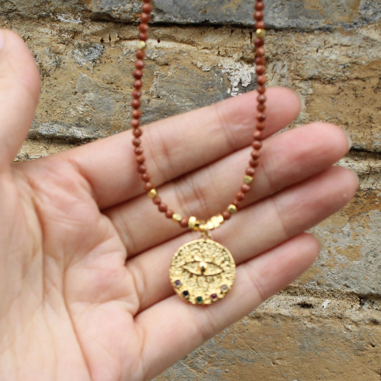 Goldstone Necklace with Evil Eye Pendant | Boho Healing Crystal Jewelry | Gold Beaded Choker | Handmade Protection Amulet for Her