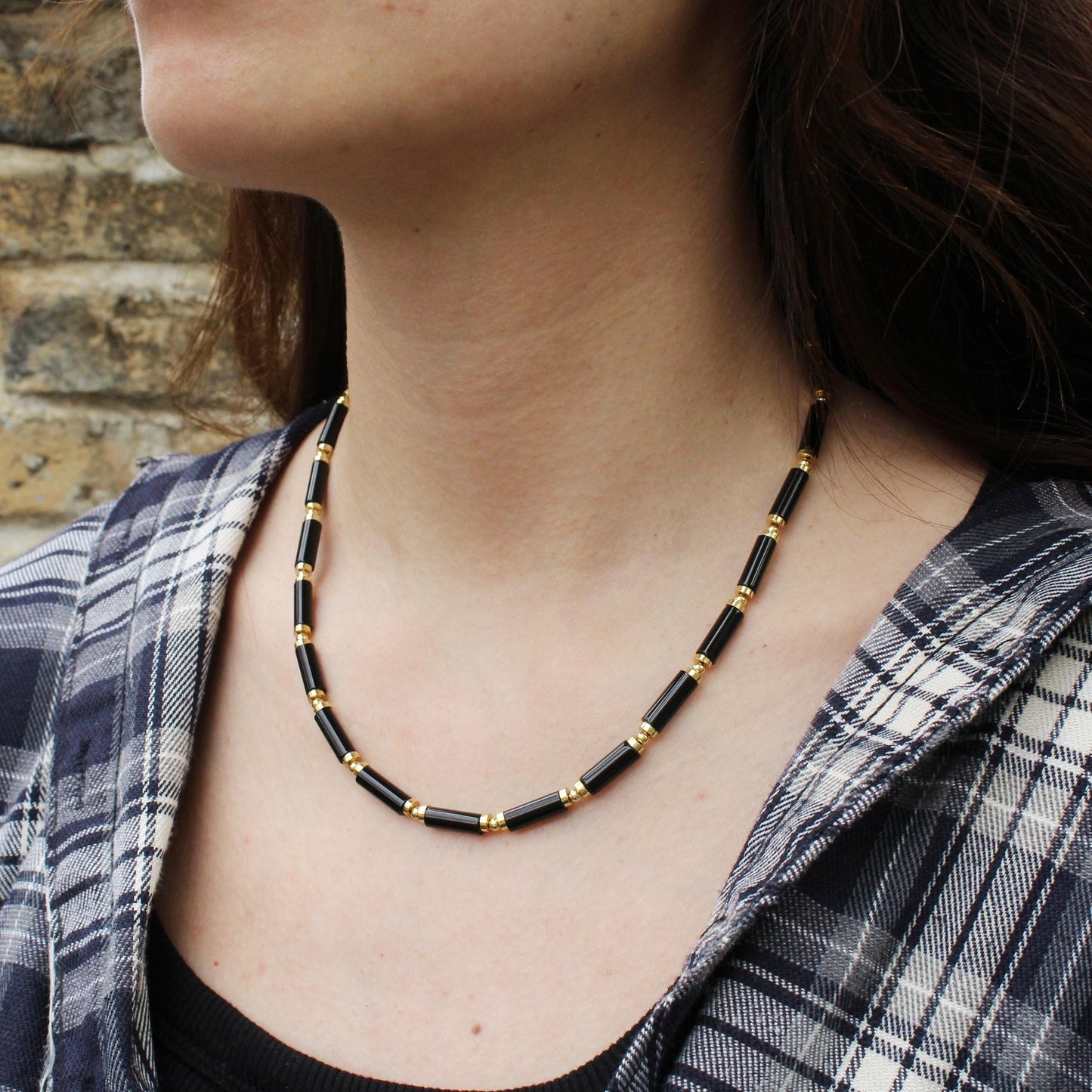 Black Agate Beaded Necklace | Minimalist Gold Bead Choker | Natural Stone Jewelry for Protection | Dainty Healing Crystal Necklace