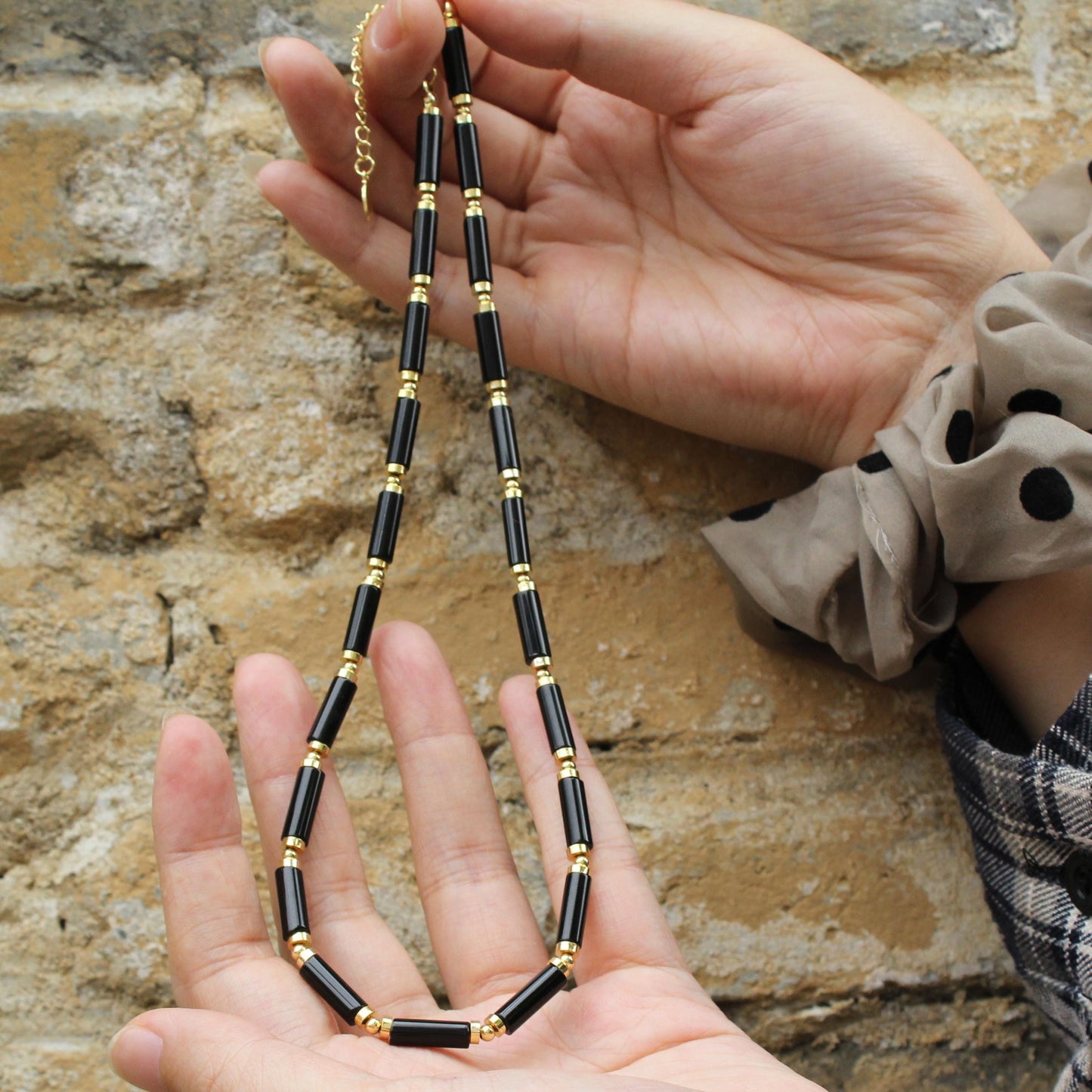Black Agate Beaded Necklace | Minimalist Gold Bead Choker | Natural Stone Jewelry for Protection | Dainty Healing Crystal Necklace