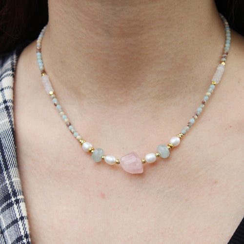 Shoushan Stone Necklace with Large Rose Quartz, White Jade & Freshwater Pearl | Healing Crystal Jewelry | Oriental Gemstone Gift