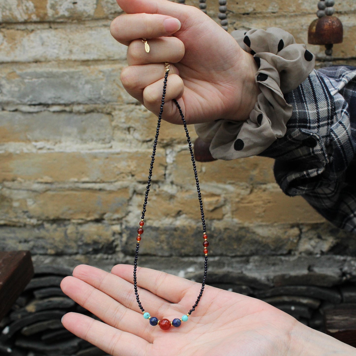 Boho Gemstone Beaded Necklace Carnelian, Turquoise & Lapis Lazuli Beads, Black Seed Bead Necklace, Handmade Healing Jewelry Gift