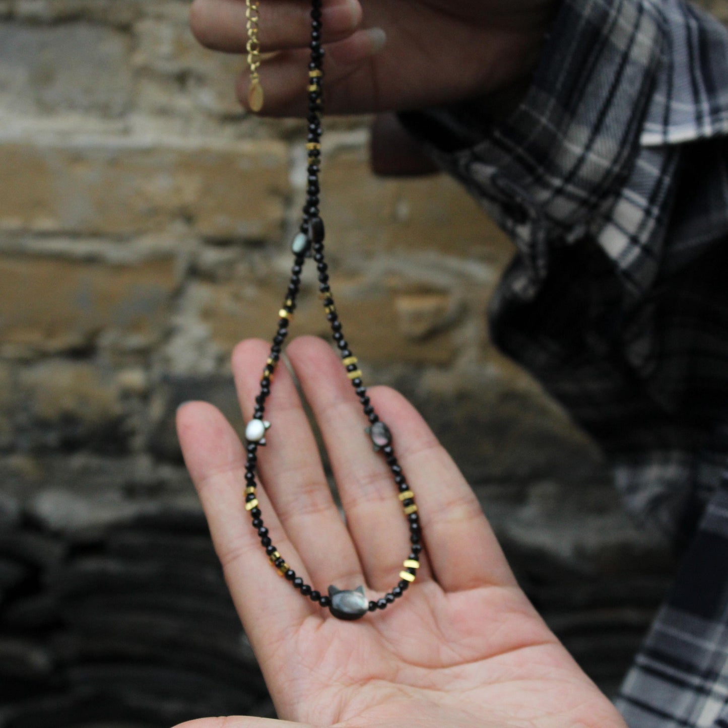 Black Beaded Necklace with Cat Shell Beads | Cute Sun Charm Choker | Handmade Kawaii Jewelry | Minimalist Gift for Cat Lovers