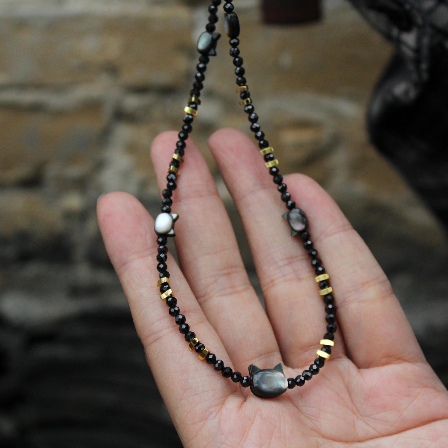 Black Beaded Necklace with Cat Shell Beads | Cute Sun Charm Choker | Handmade Kawaii Jewelry | Minimalist Gift for Cat Lovers