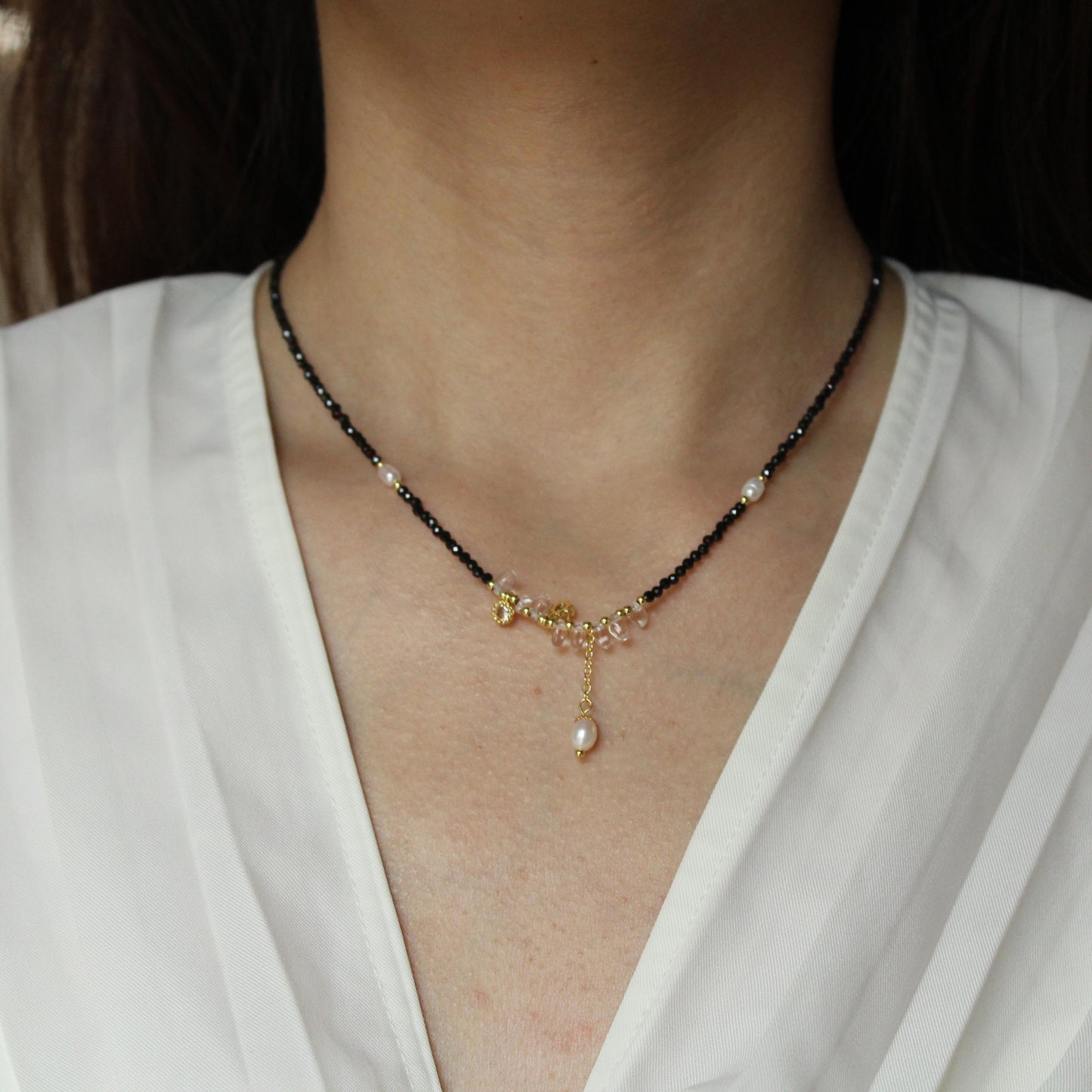 Black Beaded Necklace with Freshwater Pearl Pendant | Crystal and Gold Charm Choker | Handmade Dainty Necklace | Elegant Minimalist Jewelry