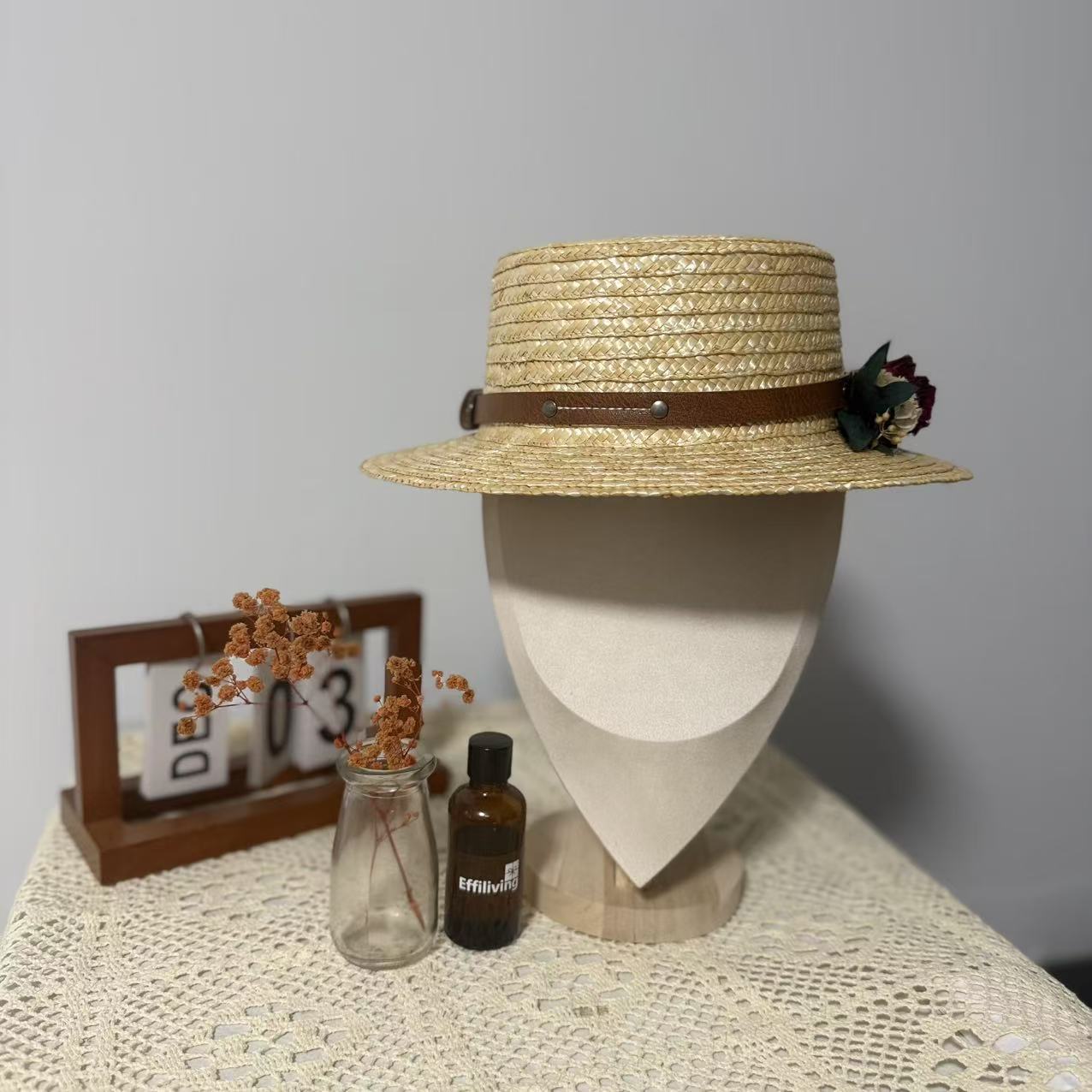 Handmade Smart Straw Hat with NFC Chip and Mini Dried Flower Bouquet | Boater Style Summer Hat