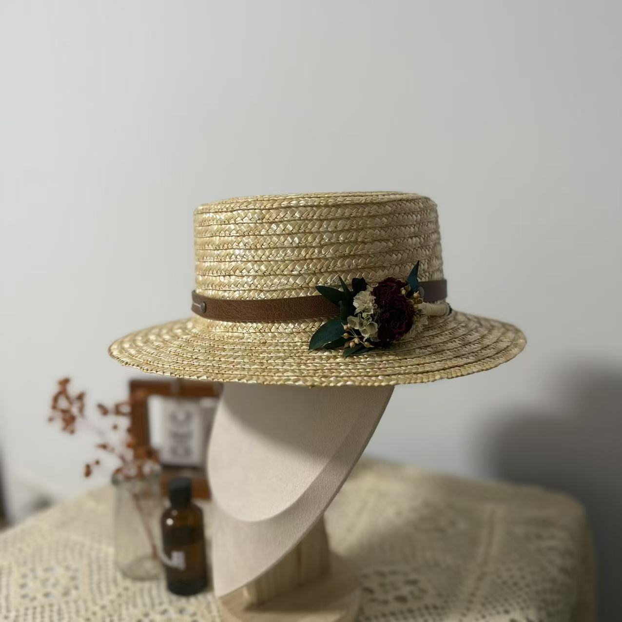 Handmade Smart Straw Hat with NFC Chip and Mini Dried Flower Bouquet | Boater Style Summer Hat