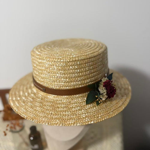 Handmade Smart Straw Hat with NFC Chip and Mini Dried Flower Bouquet | Boater Style Summer Hat