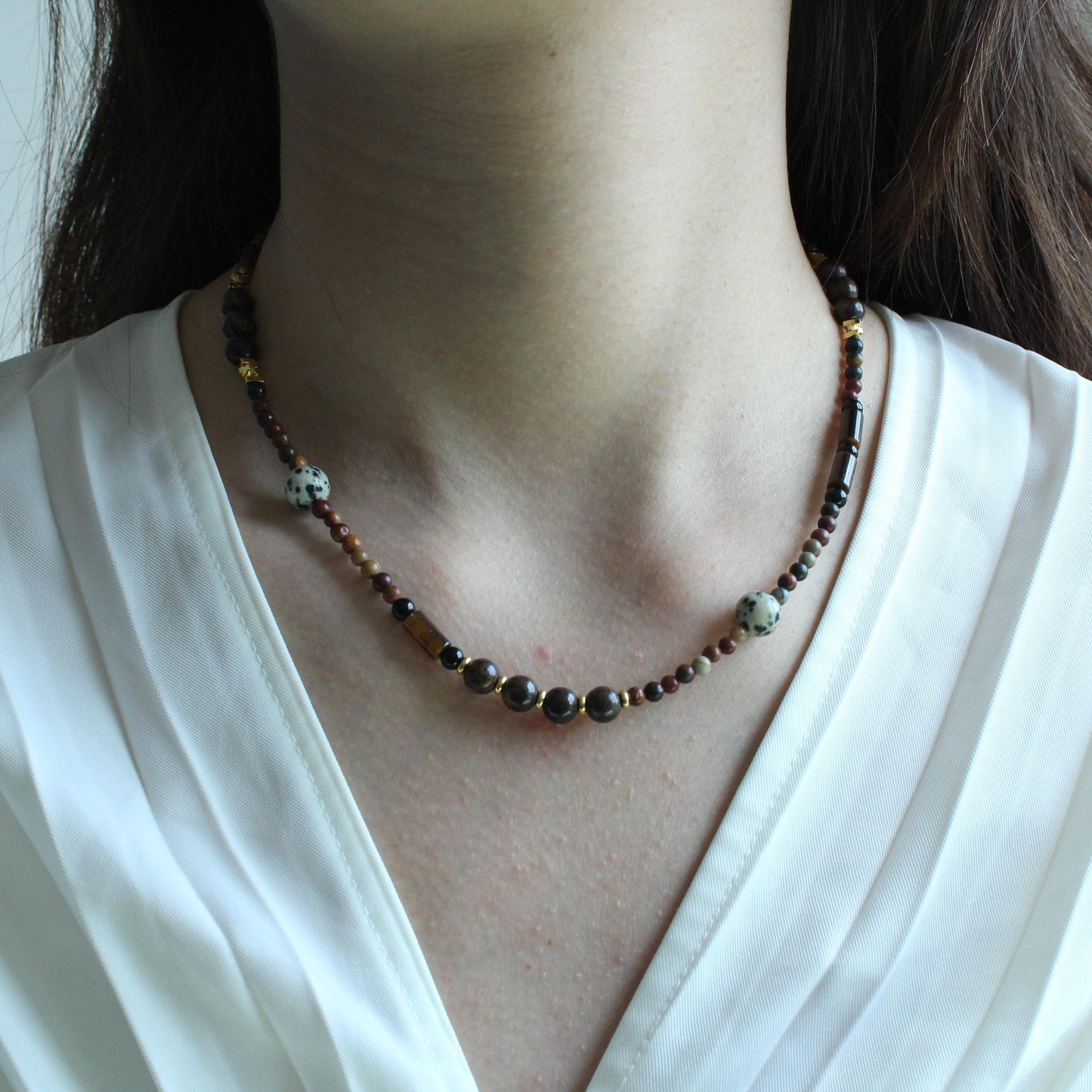 Tiger Eye Necklace, Shell Beads Necklace, Natural Stone Beaded Necklace, Boho Chic Jewelry, Healing Crystal Necklace, Unique Gift