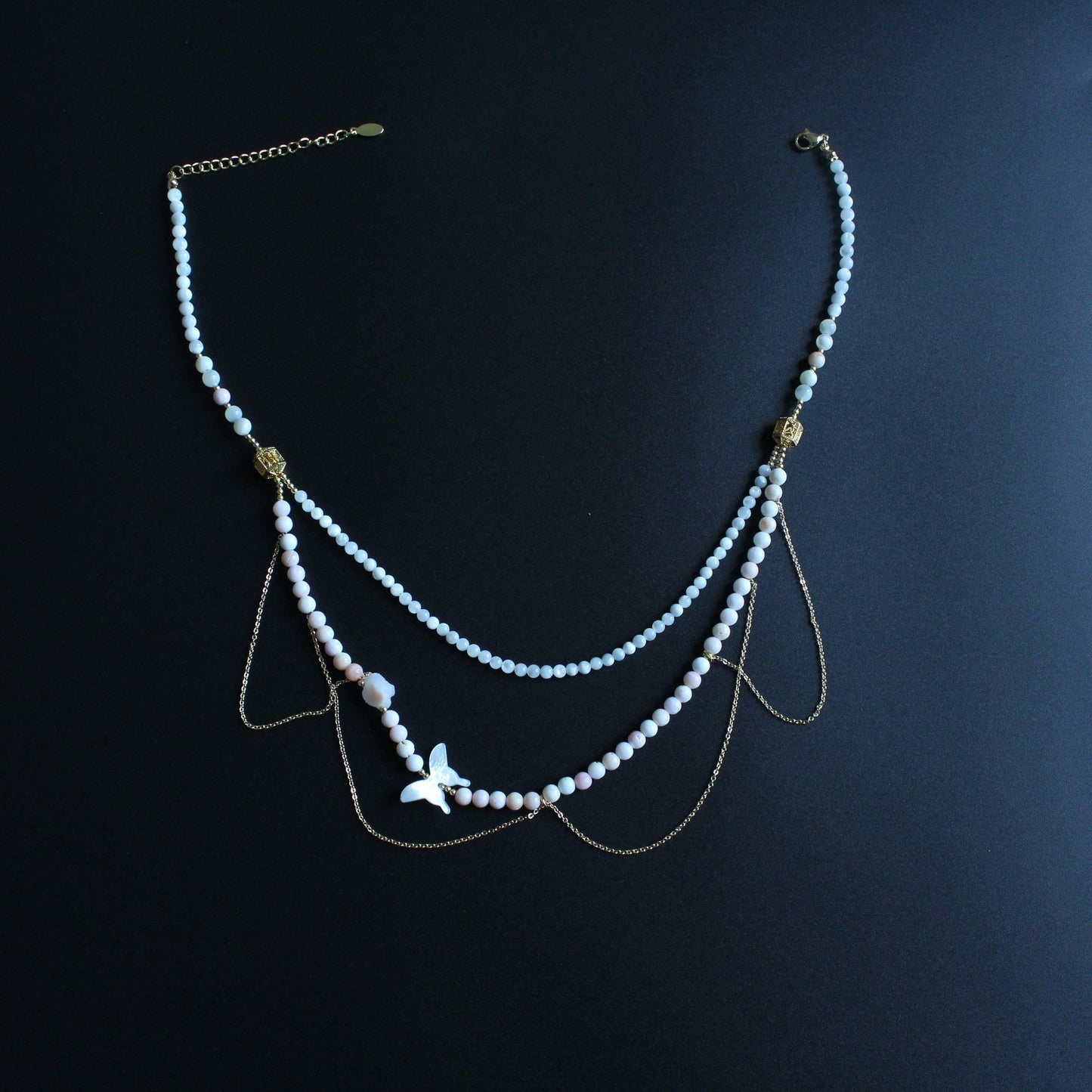 Layered Natural Shell Beaded Necklace - White Butterfly Shell, Gold Chain Elegant Jewelry,handmade Necklace,Wedding Necklace