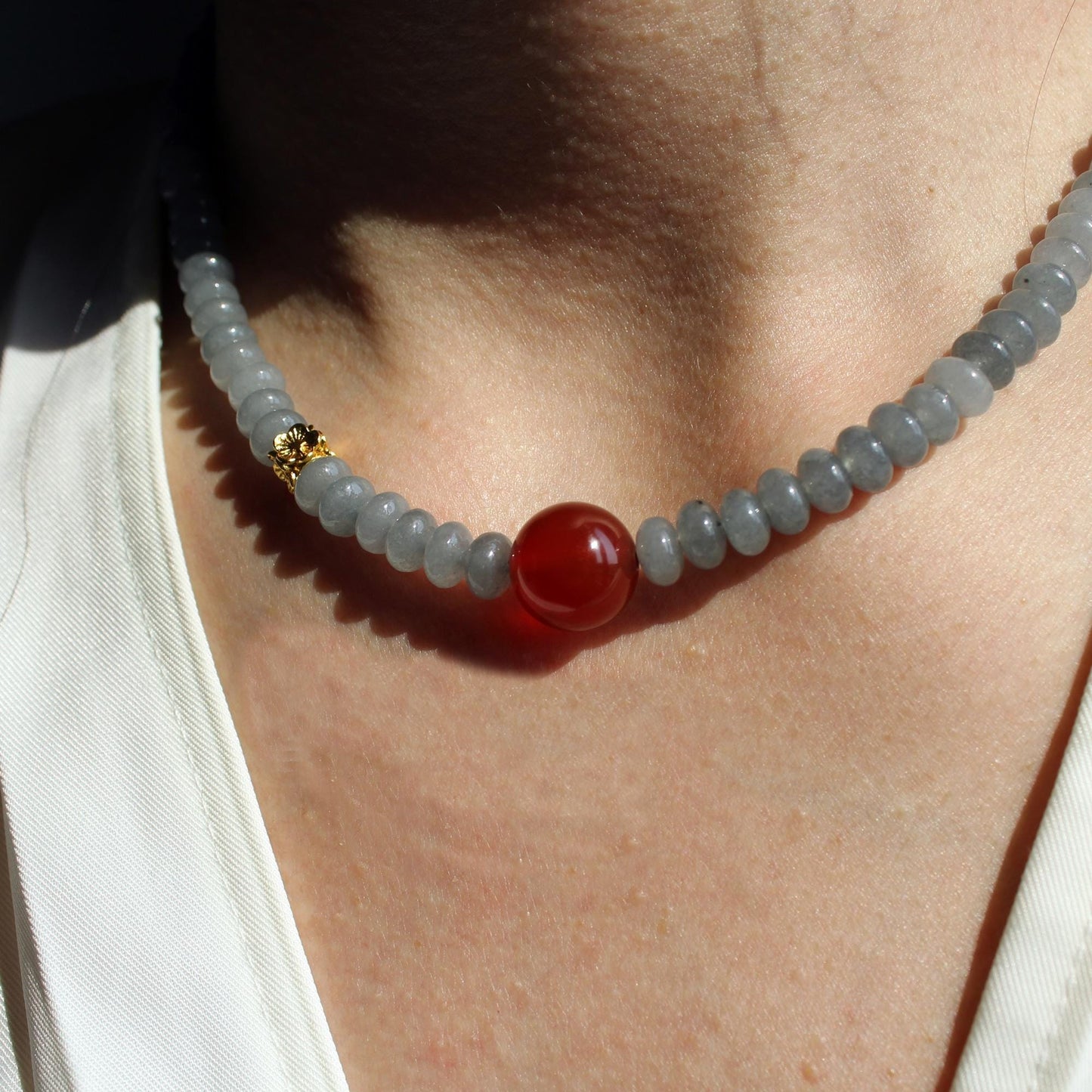 Red Agate Gray White Jade Necklace，Gemstone Pendant Jewelry，Elegant Handmade Gift，Natural Stone Necklace,Gift，Choker，