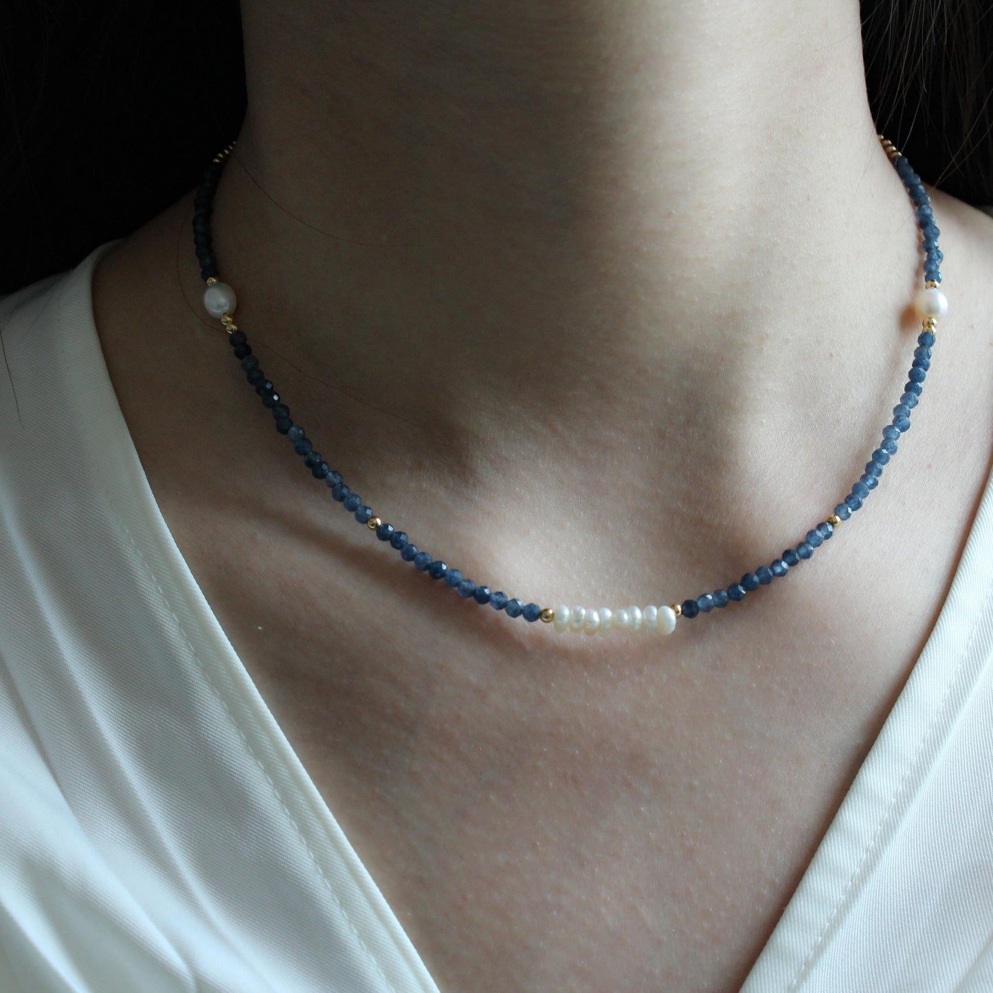 Pearl Necklace, Unique Pearl and Jade Necklace for Women, Baroque Pearl Jewelry, blue Gemstone Necklace, Mothers Day Gift