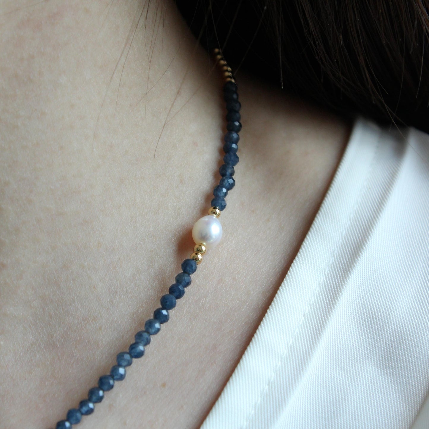 Pearl Necklace, Unique Pearl and Jade Necklace for Women, Baroque Pearl Jewelry, blue Gemstone Necklace, Mothers Day Gift