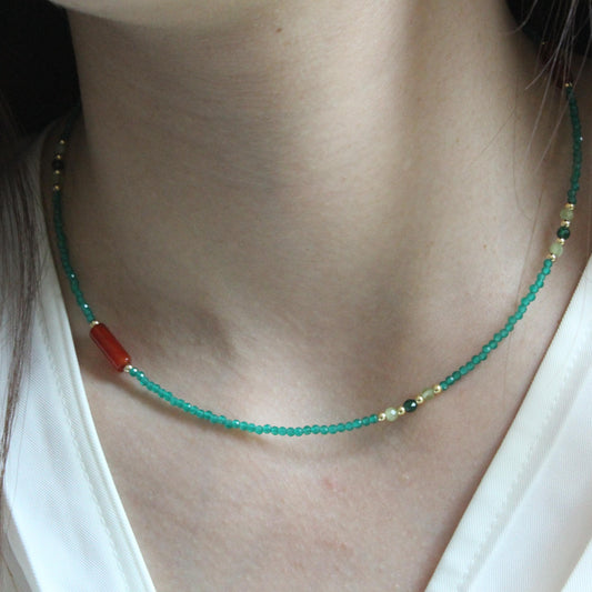 Natural Green Emerald Necklace, Girlfriend Gift, May Birthstone,Red AgateChoker, Green Stone Choker, Gifts for Her