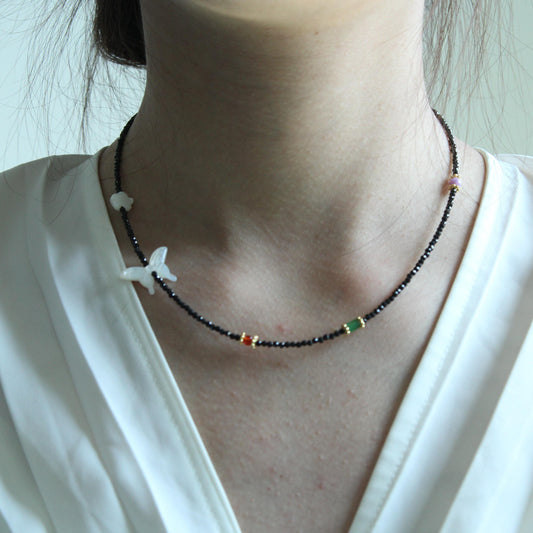 White Butterfly Shell Necklace with Black Fine Crystal, Natural Gemstone Jewelry, Choker, Beaded Necklace