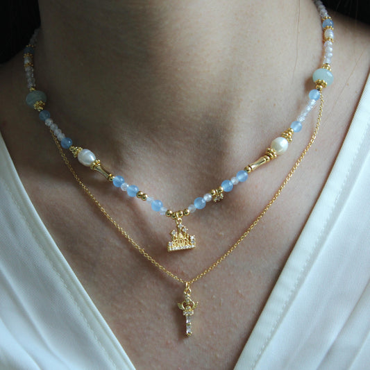 Fairy Tale Necklace,Freshwater Pearl Zircon Jewelry,Gold Layered Necklace,Castle & Key Pendant,Princesscore Aesthetic Gift