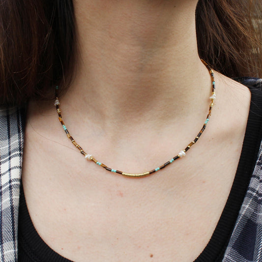 Tiger Eye, Pearl and Turquoise Beaded Necklace | Boho Minimalist Gemstone Choker | Handmade Natural Crystal Jewelry | Gift for Her