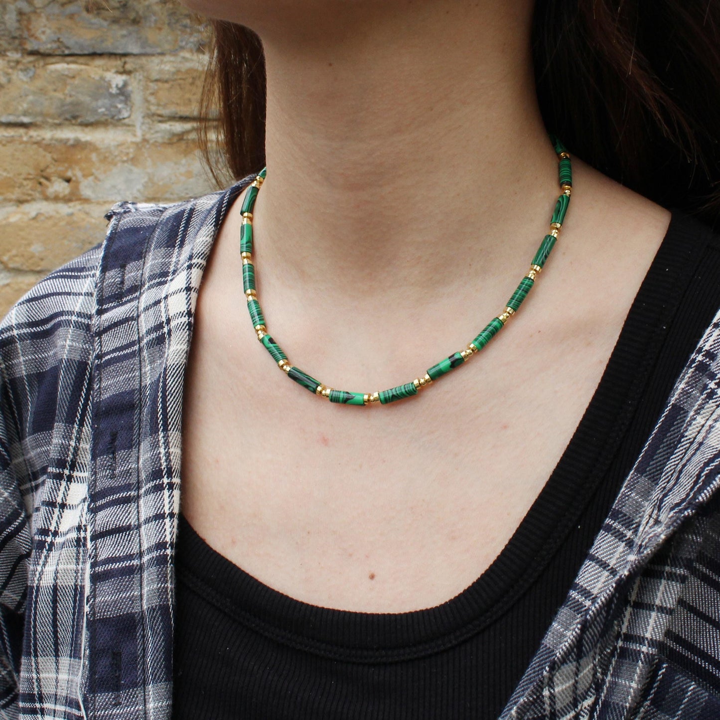 Malachite Beaded Necklace | Gold Tube Stone Choker | Natural Malachite Healing Jewelry | Vintage Green Crystal Necklace for Her