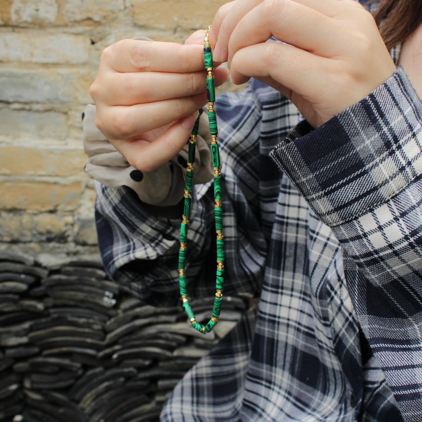 Malachite Beaded Necklace | Gold Tube Stone Choker | Natural Malachite Healing Jewelry | Vintage Green Crystal Necklace for Her