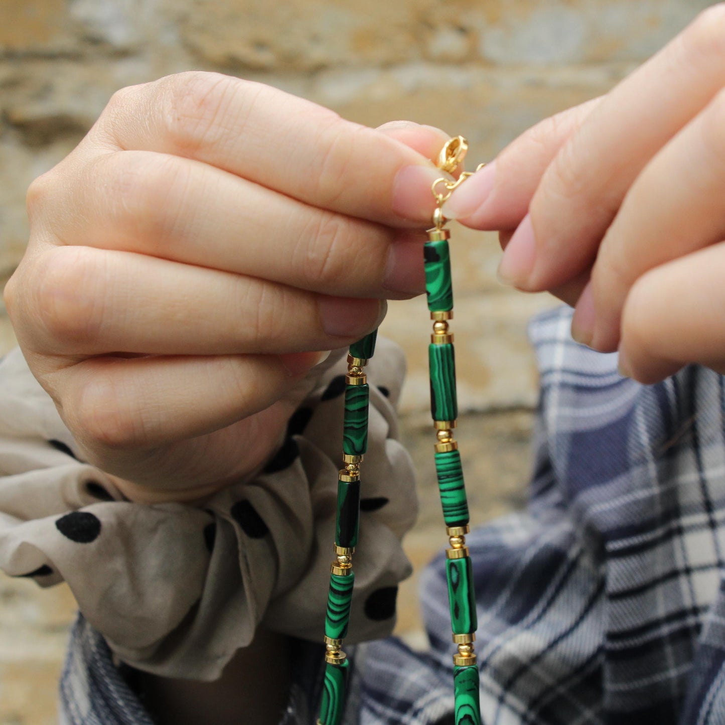 Malachite Beaded Necklace | Gold Tube Stone Choker | Natural Malachite Healing Jewelry | Vintage Green Crystal Necklace for Her