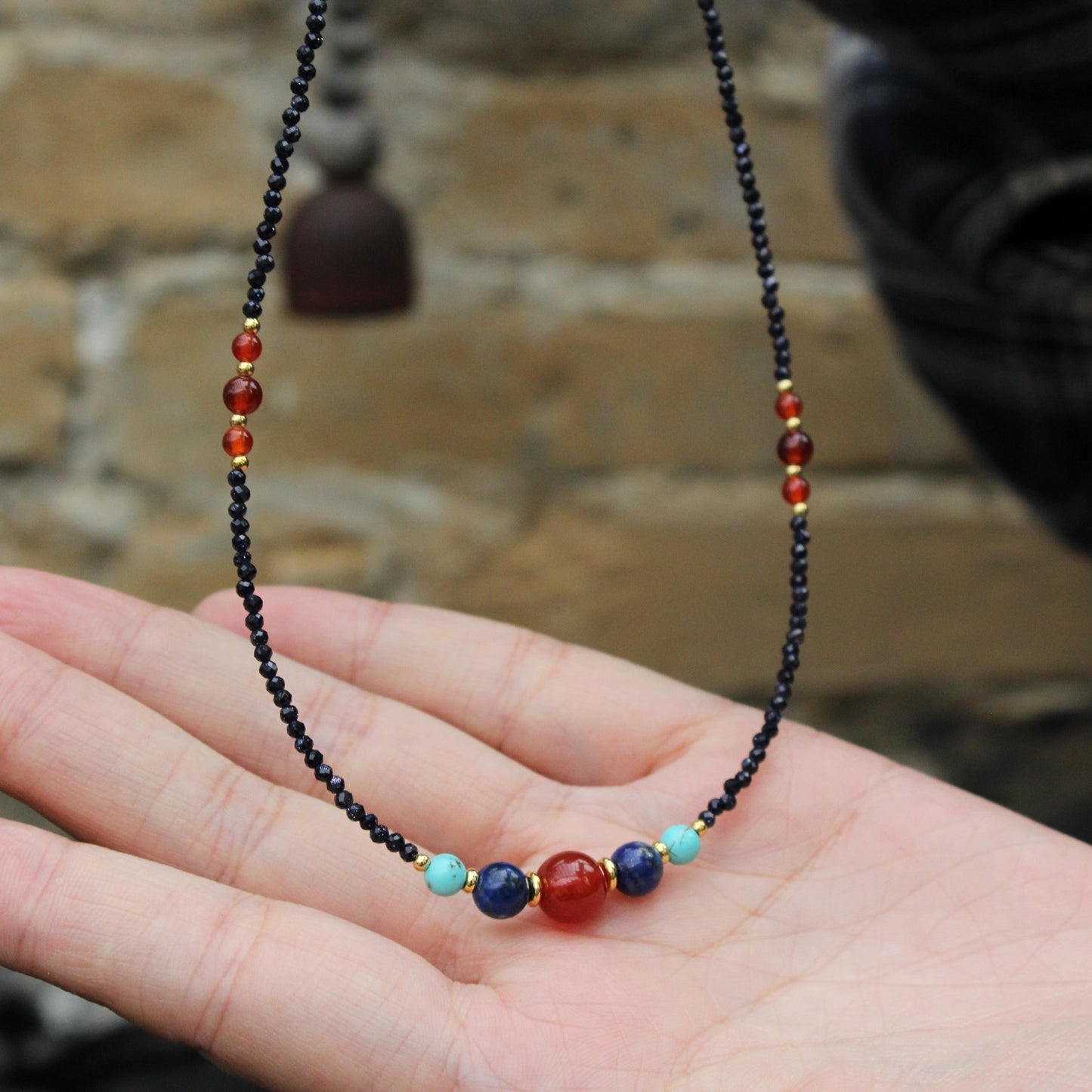 Boho Gemstone Beaded Necklace  Carnelian, Turquoise & Lapis Lazuli Beads, Black Seed Bead Necklace,  Handmade Healing Jewelry Gift