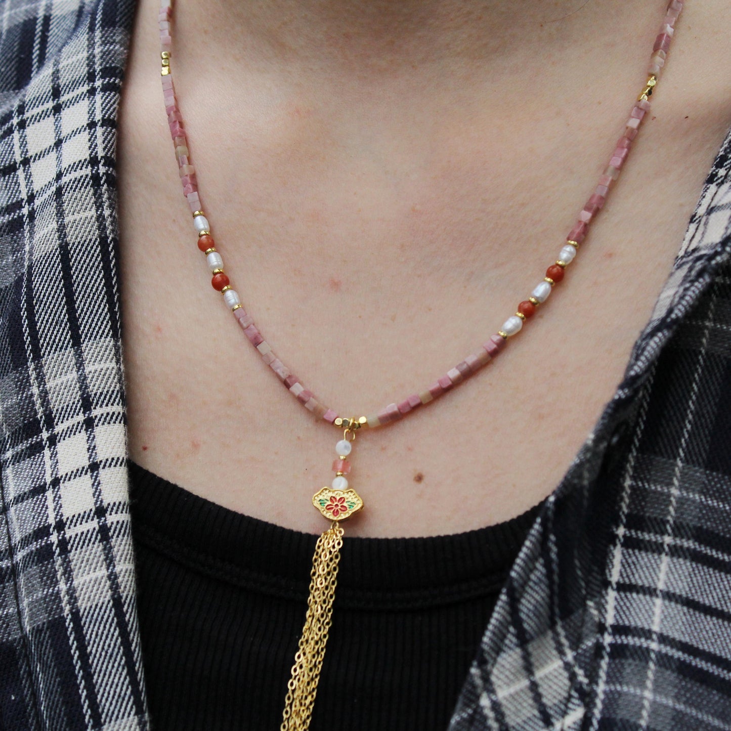 Red Jasper Necklace with Pearl & Carnelian | Handmade Boho Tassel Necklace | Vintage Floral Pendant | Healing Stone Jewelry for Women