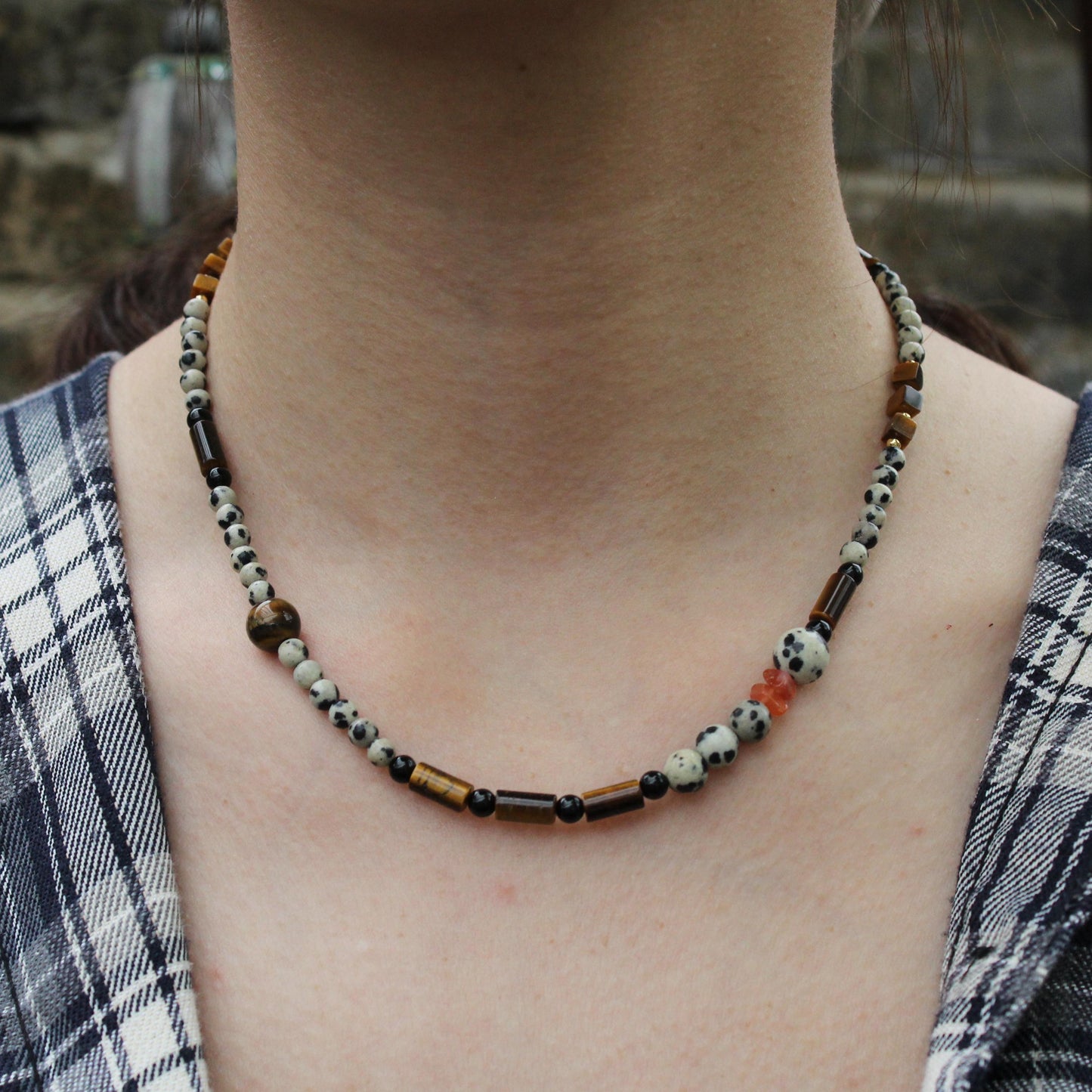 Dalmatian Jasper Tiger Eye Necklace | Raw Gemstone Bead Choker | Handmade Tribal Boho Natural Stone Necklace | Gift for Him or Her