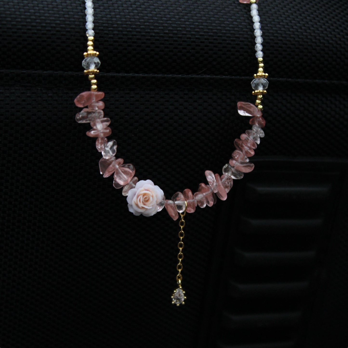Rose Quartz Chip Necklace with Flower Pendant | Romantic Fairycore Jewelry | Handmade Boho Crystal Choker | Gift for Her | Sweet Style