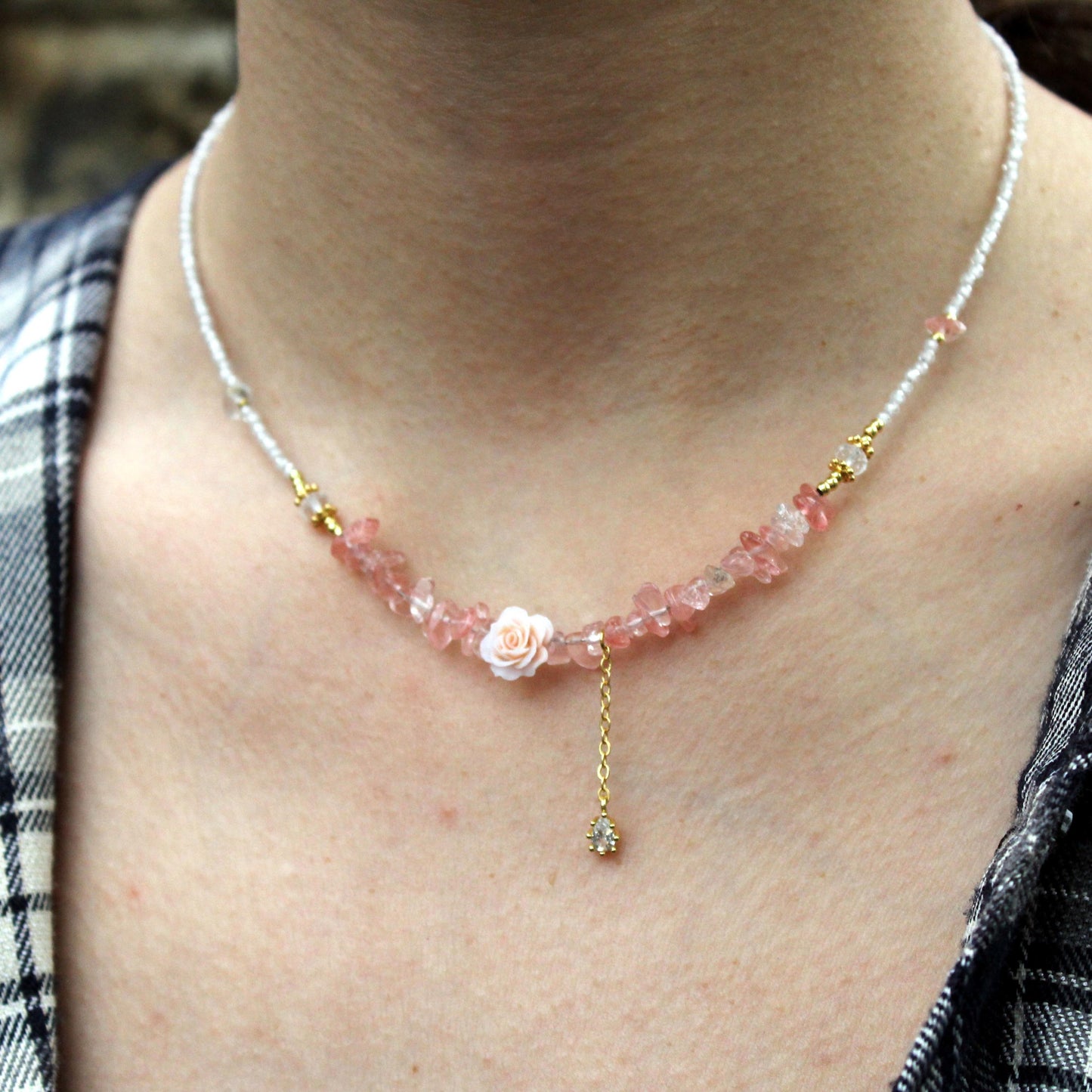 Rose Quartz Chip Necklace with Flower Pendant | Romantic Fairycore Jewelry | Handmade Boho Crystal Choker | Gift for Her | Sweet Style