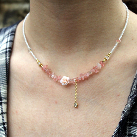 Rose Quartz Chip Necklace with Flower Pendant | Romantic Fairycore Jewelry | Handmade Boho Crystal Choker | Gift for Her | Sweet Style