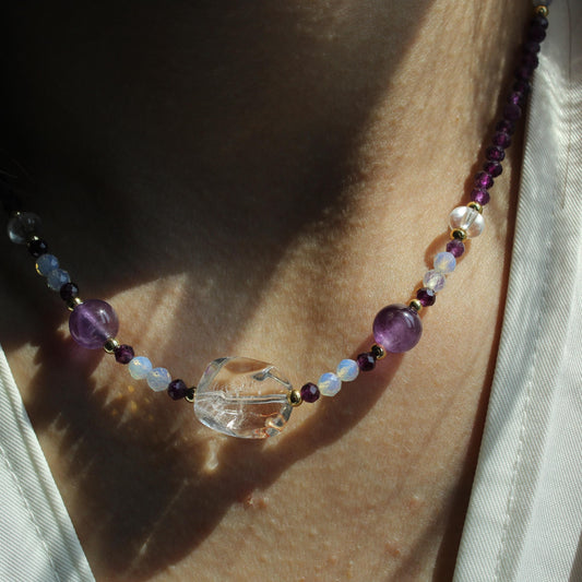 White Crystal Purple Crystal Necklace｜Natural Crystal Healing Jewelry｜February Birthstone Gift｜Layered Gemstone Necklace｜Gift for Her